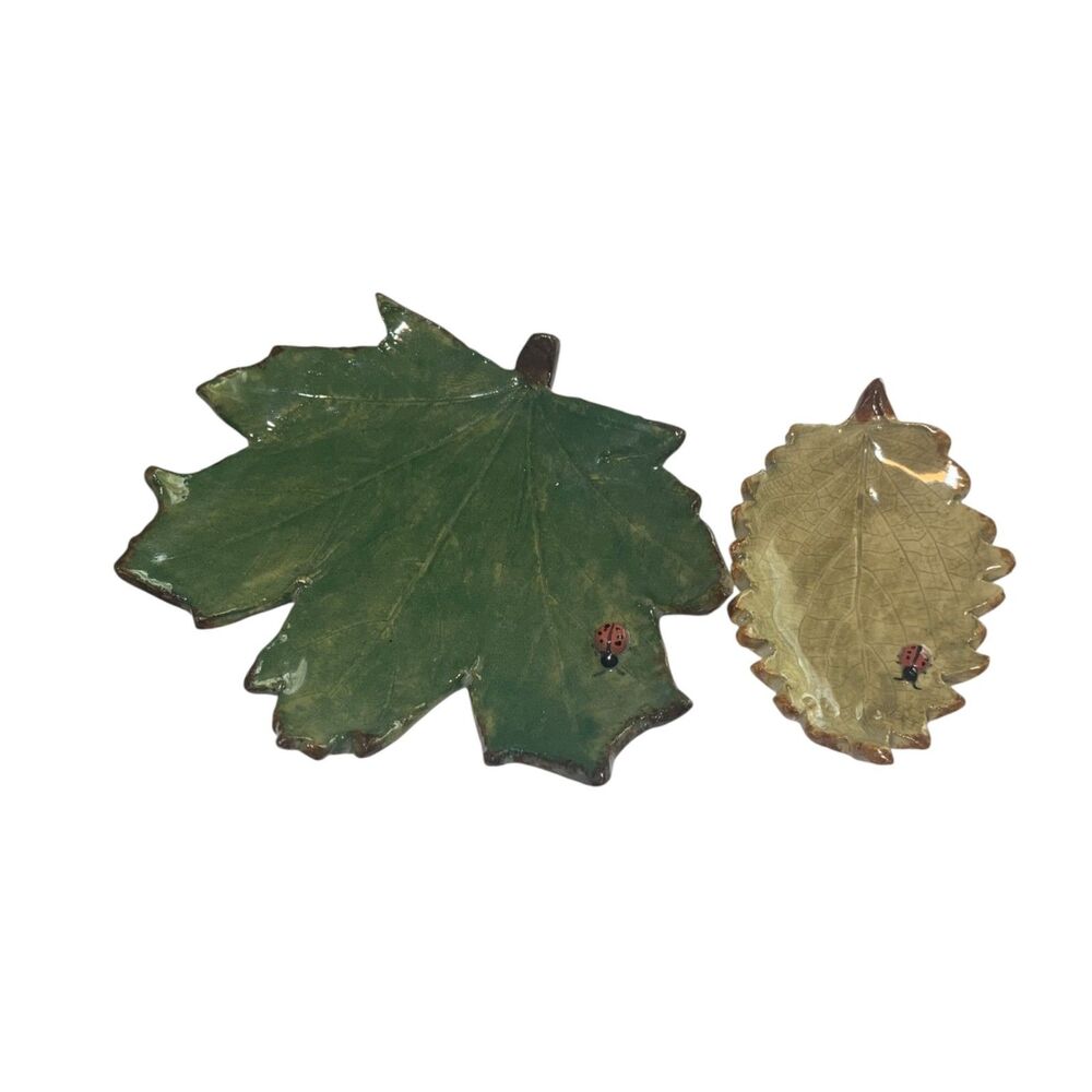 Suramics Set of 2 Leaf Pottery Ladybug Trinket Trays Decor Fall